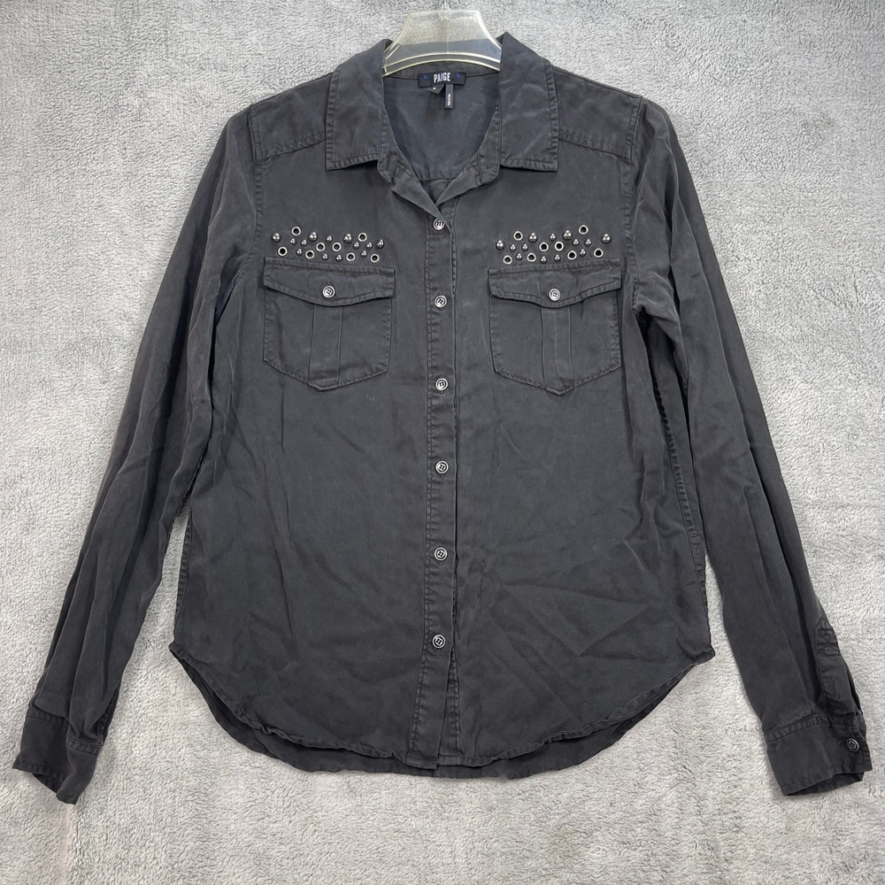 PAIGE Button Down Shirt Women S Black Mable Studded Utility Long Sleeve Tencel